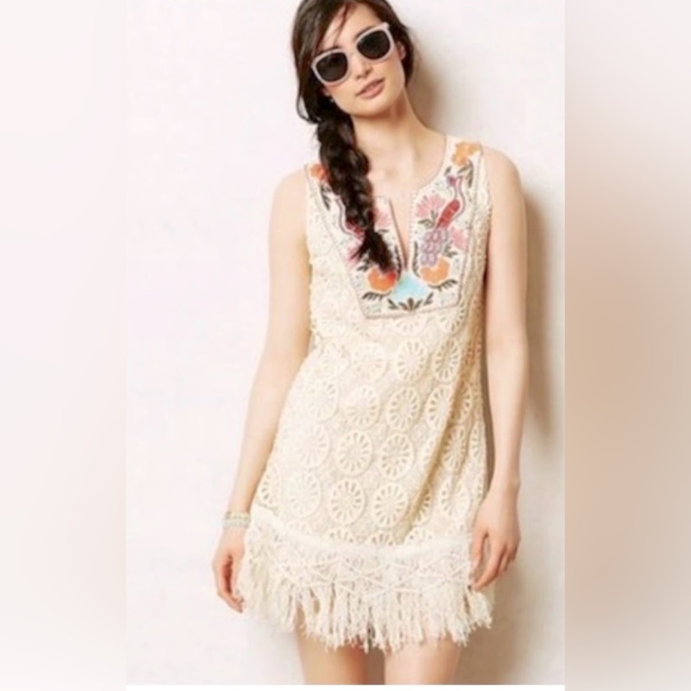 Mermaid Anthropologie Embroidered Crochet Dress Size M Whimsical Rare Coastal